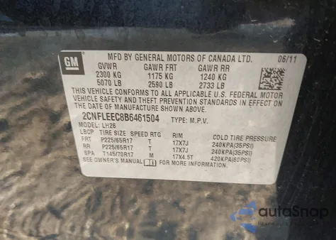 2011 Chevrolet Equinox 1Lt from USA, damaged, VIN 2CNFLEEC8B6461504